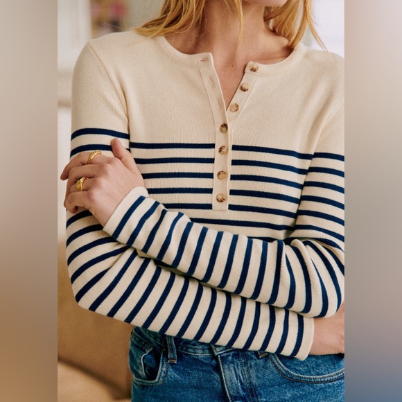 Sezane Alexis Striped Long Sleeve 100% Cotton Henley sweater size M - Picture 2 of 8